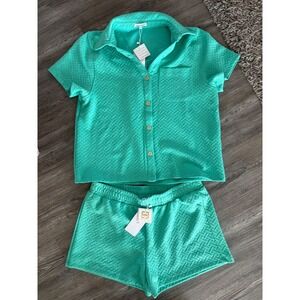 Mary Square Maren Teal Basketweave Textured Button Down Top and Shorts Set Small